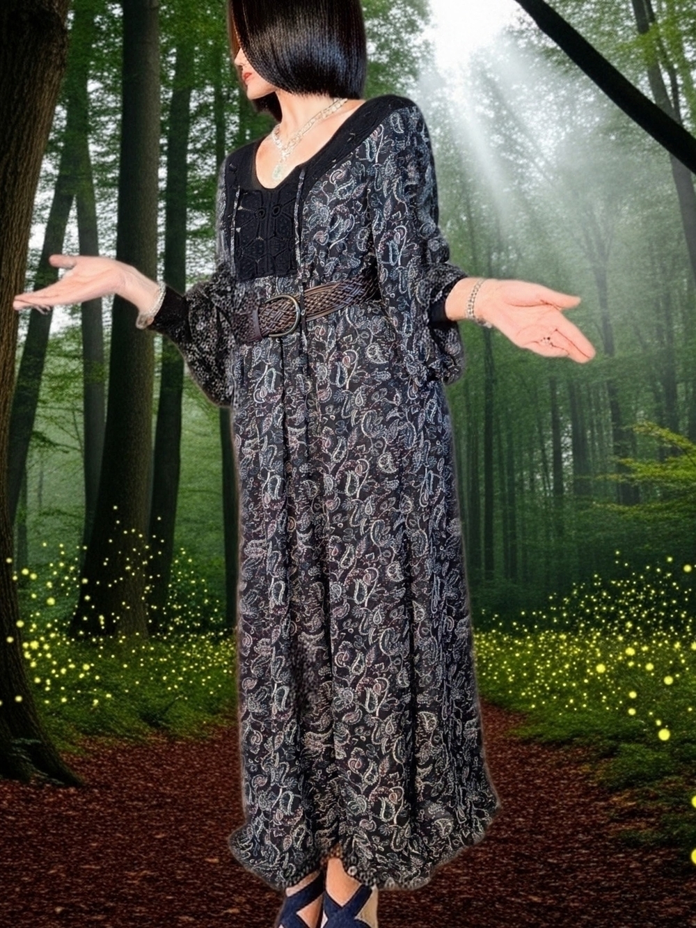 NWOT Ruff Hewn GREY Sheer Paisley Maxi Dress Black Lace Boho Size M UNLINED